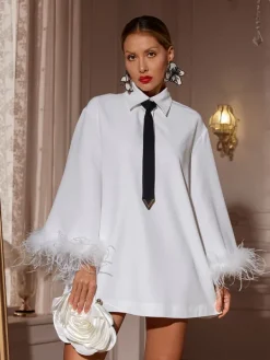 Dresses|Mini Dresses*Mew Mews Fashion Hajar Folded Collar Feather Mini Dress In White
