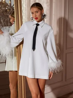 Dresses|Mini Dresses*Mew Mews Fashion Hajar Folded Collar Feather Mini Dress In White