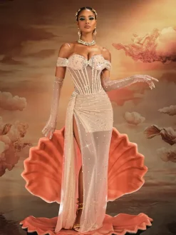 Embellishment|Dresses*Embellishment Haldor Off Shoulder Crystal Mesh Draped Maxi Dress