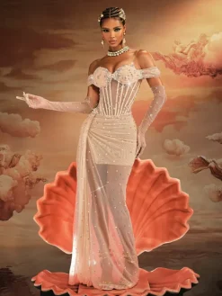 Embellishment|Dresses*Embellishment Haldor Off Shoulder Crystal Mesh Draped Maxi Dress