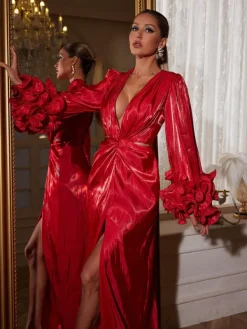 Dresses|Maxi Dresses*Mew Mews Fashion Halston Long Sleeve Ruched Split Maxi Dress