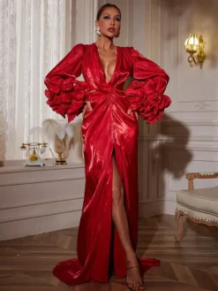 Dresses|Maxi Dresses*Mew Mews Fashion Halston Long Sleeve Ruched Split Maxi Dress