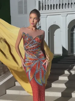 Embellishment|Dresses*Embellishment Hank Rhinestone Printed Mesh Maxi Dress