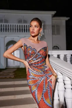 Embellishment|Dresses*Embellishment Hank Rhinestone Printed Mesh Maxi Dress