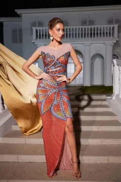 Embellishment|Dresses*Embellishment Hank Rhinestone Printed Mesh Maxi Dress