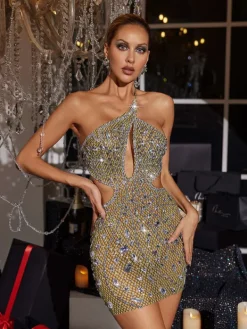 Embellishment|Dresses*Embellishment Hanne Backless Rhinestone Mesh Mini Dress In Yellow