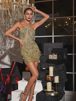 Embellishment|Dresses*Embellishment Hanne Backless Rhinestone Mesh Mini Dress In Yellow