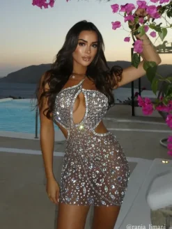 Embellishment|Dresses*Embellishment Hanne Backless Rhinestone Mesh Mini Dress In Silver