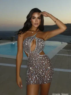 Embellishment|Dresses*Embellishment Hanne Backless Rhinestone Mesh Mini Dress In Silver
