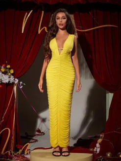 Dresses|Maxi Dresses*Mew Mews Fashion Hape Plunge Ruched Maxi Dress