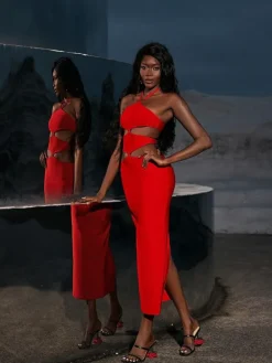 Dresses*Bandage Hedwig Cutout High Split Dress In Red