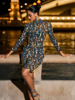 Embellishment|Dresses*Embellishment Hills Long Sleeve Fringe Rhinestone Mini Dress
