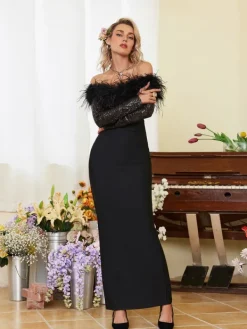 Dresses*Mew Mews Fashion Hoku Off Shoulder Sequin Feather Maxi Dress