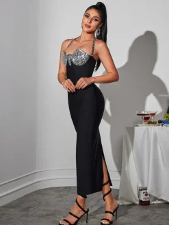 Dresses|Midi Dresses*Bandage Honorina Halterneck Rhinestone Midi Dress