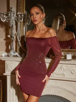Dresses|Mini Dresses*Mew Mews Fashion Hummer Off Shoulder Rhinestone Mini Dress