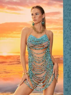 Beaded Wear|Dresses*Mew Mews Fashion O/S Huxley Beaded Fringe Dress In Blue
