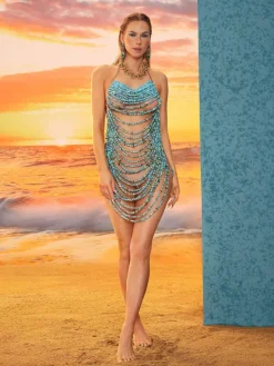 Beaded Wear|Dresses*Mew Mews Fashion O/S Huxley Beaded Fringe Dress In Blue