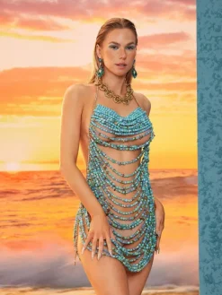 Beaded Wear|Dresses*Mew Mews Fashion O/S Huxley Beaded Fringe Dress In Blue