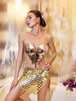 Armor Tops|Tops*Mew Mews Fashion O/S Iago Metallic Heart Drop Armor Top In Rose Gold