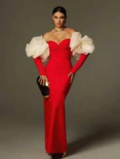 Dresses|Maxi Dresses*Bandage Ifra Off Shoulder Flower Maxi Dress In Red