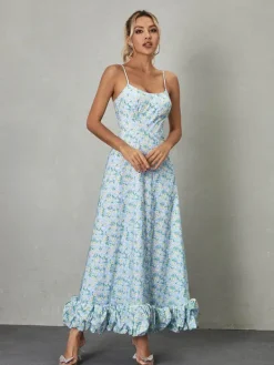 Dresses*Mew Mews Fashion Ilsa Spaghetti Floral Maxi Dress In Blue