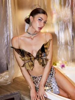 Armor Tops|Tops*Mew Mews Fashion O/S Ilya Butterfly Glossy Armor Top In Silver