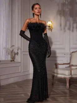 Embellishment|Dresses*Lu Yili Inaki Corset Feather Sequin Maxi Dress With Gloves
