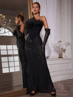 Embellishment|Dresses*Lu Yili Inaki Corset Feather Sequin Maxi Dress With Gloves