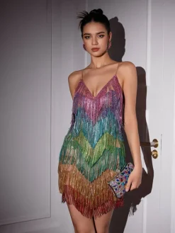 Embellishment|Dresses*Embellishment Indy V Neck Rainbow Crystal Fringe Mini Dress