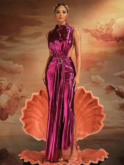 Dresses|Maxi Dresses*Mew Mews Fashion Ingram Sleeveless Draped Split Metallic Maxi Dress