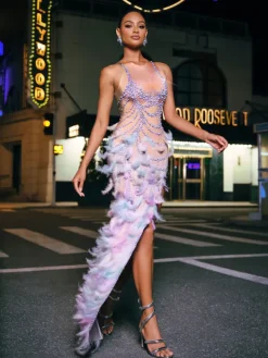 Embellishment|Dresses*Embellishment O/S Inina Pearl Feather Asymmetric Dress