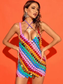 Swimwear|Dresses*Mew Mews Fashion O/S Irene Chainmail Mini Dress in Rainbow