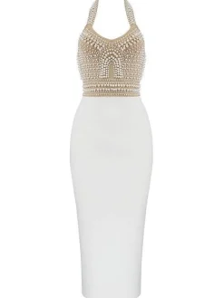 Dresses|Midi Dresses*Bandage Isabella Halterneck Pearls Dress In Beige