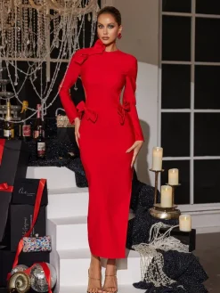 Dresses*Bandage Ishhara Long Sleeve Bow Cutout Dress