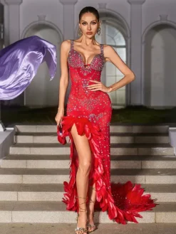 Dresses|Maxi Dresses*Jiu Bajia O/S Ixara Spaghetti Rhinestone Feather Split Maxi Dress