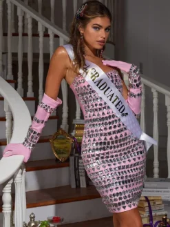 Dresses|Mini Dresses*Bandage Izaiah Crystal Embellished Dress With Gloves In Pink