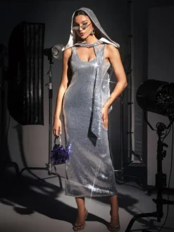 Dresses*Mew Mews Fashion Jafna Drape Back Silver Sequin Hooded Dress