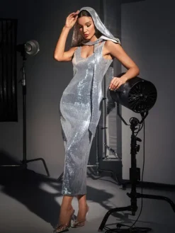 Dresses*Mew Mews Fashion Jafna Drape Back Silver Sequin Hooded Dress