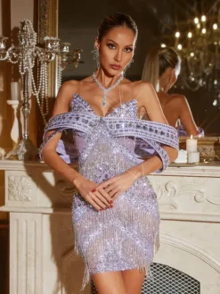 Dresses|Mini Dresses*Jiu Bajia O/S Jaimarie Off Shoulder Rhinestone Fringe Mini Dress In Purple