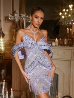 Dresses|Mini Dresses*Jiu Bajia O/S Jaimarie Off Shoulder Rhinestone Fringe Mini Dress In Purple