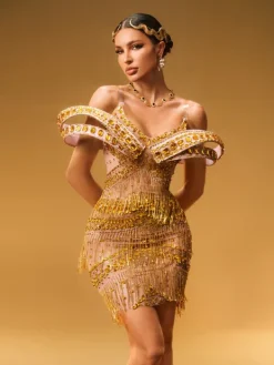 Dresses|Mini Dresses*Jiu Bajia Jaimarie Off Shoulder Rhinestone Fringe Mini Dress In Gold