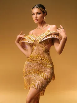 Dresses|Mini Dresses*Jiu Bajia Jaimarie Off Shoulder Rhinestone Fringe Mini Dress In Gold