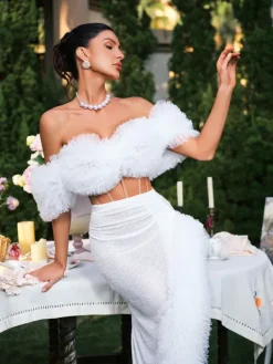 Sets & Co-ords*Jiu Bajia O/S Jalynne Corset Tulle Trimmed Sequin Skirt Set In White