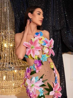 Dresses|Maxi Dresses*Mew Mews Fashion Jamshid Backless Flower Rhinestone Mesh Dress