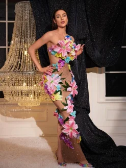 Dresses|Maxi Dresses*Mew Mews Fashion Jamshid Backless Flower Rhinestone Mesh Dress