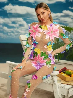 Jumpsuits & Romper*W Jia O/S Jamshid Long Sleeve Flower Mesh Jumpsuit