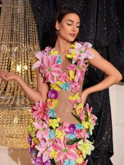 Dresses|Mini Dresses*Mew Mews Fashion Jamshid Sleeveless Flower Rhinestone Mesh Dress