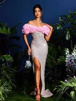 Embellishment|Dresses*Embellishment Janiela Strapless Rhinestone Split Maxi Dress