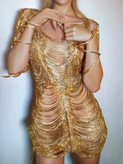 Dresses|Mini Dresses*W Jia Janison Diamond Chain Mesh Mini Dress In Gold