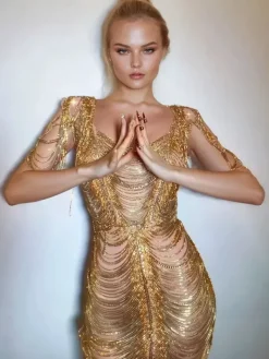 Dresses|Mini Dresses*W Jia Janison Diamond Chain Mesh Mini Dress In Gold